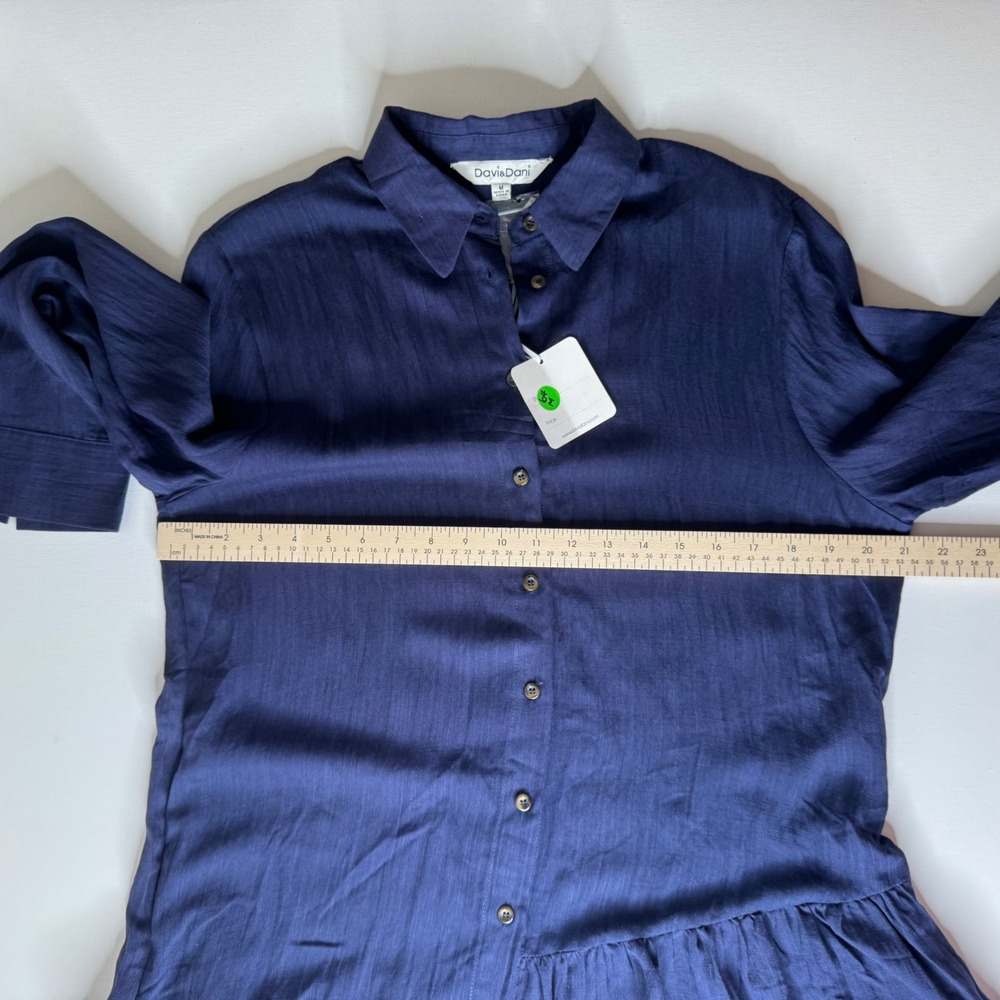 NWT Davi & Dani Button Down Tunic Top Medium Blue Peplum Hem Pockets Lagenlook - Picture 10 of 11